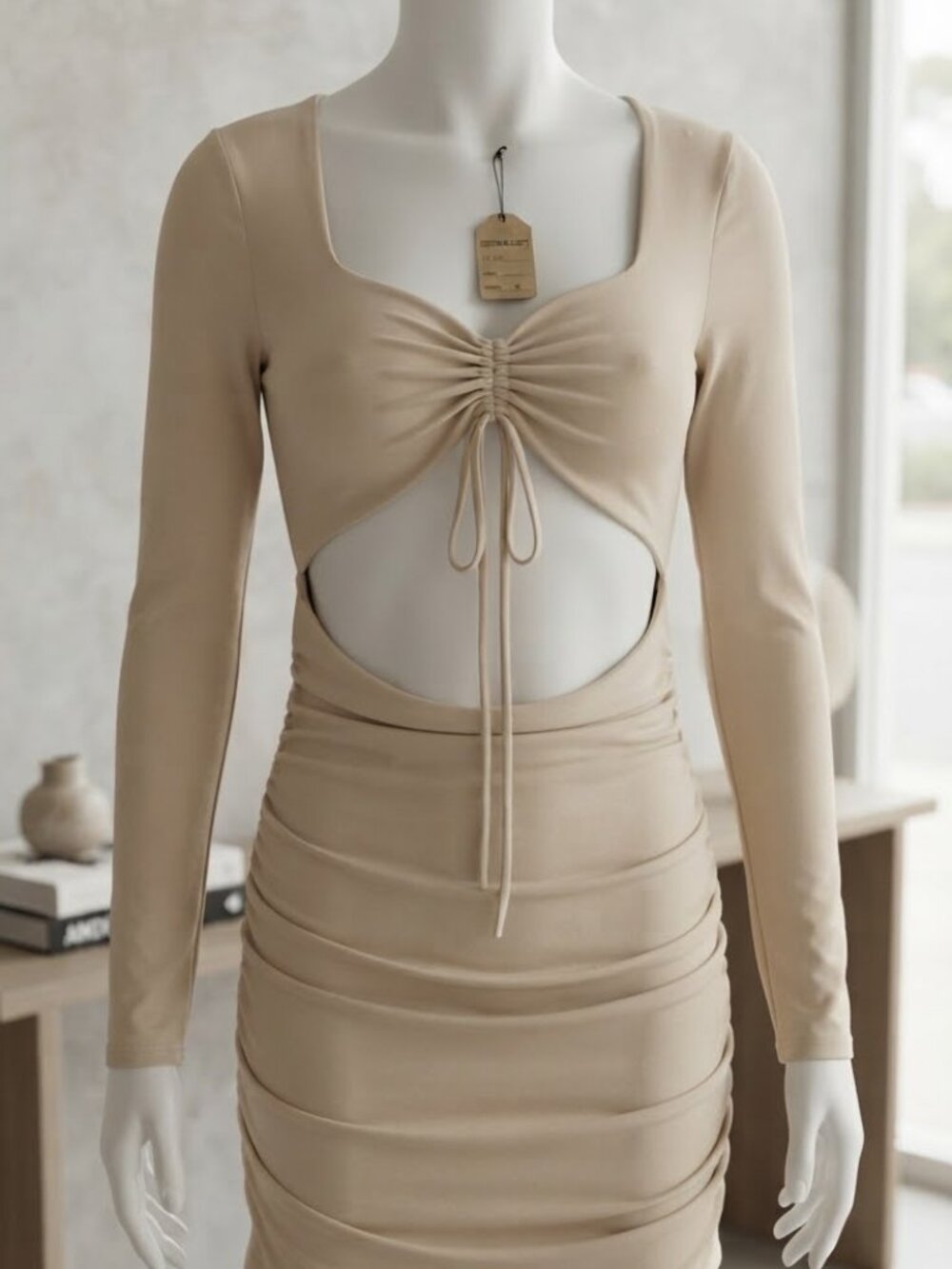 Beige Ruched Front Cutout Bodycon Dress
